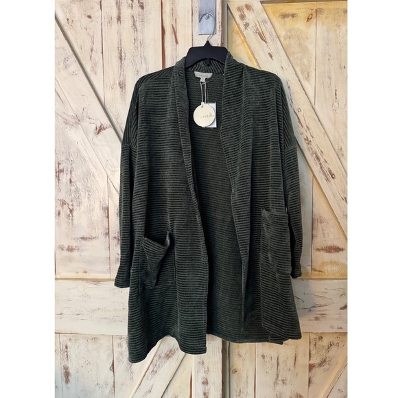 Chenault Olive Striped Open Front Cardigan Sweater Duster with Pockets Size S - Picture 1 of 6